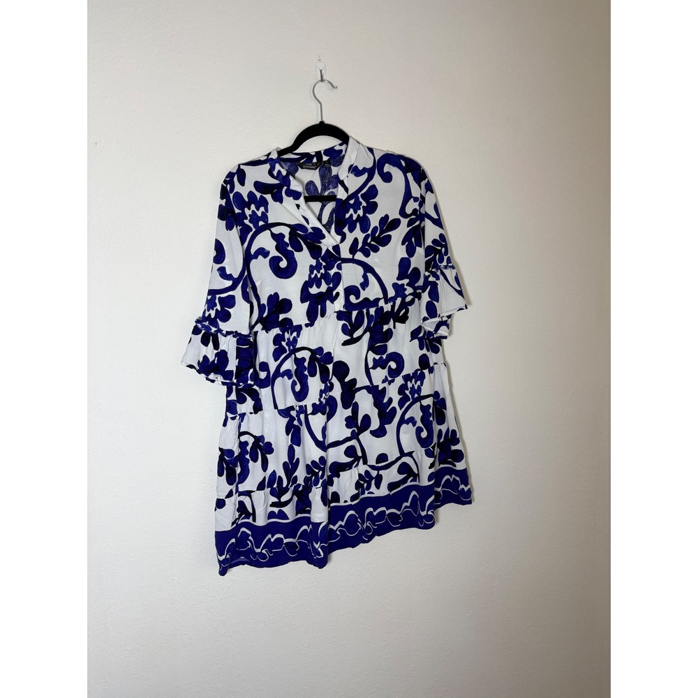 Mlle Gabrielle Tunic Dress L Blue White Excellent Damask Tiered Ruffle Sleeve
